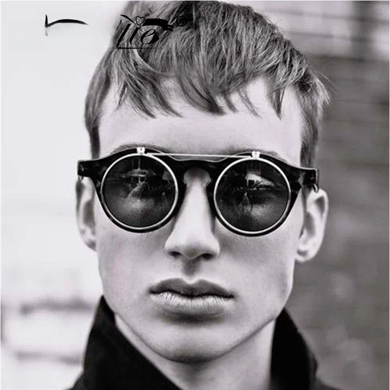 WHO CUTIE 2025 Fashion Vintage Round Steampunk Flip Up Sunglasses Men Classic Clamshell Design Sun Glasses Clip on Oculos S005 — zdjęcie 2