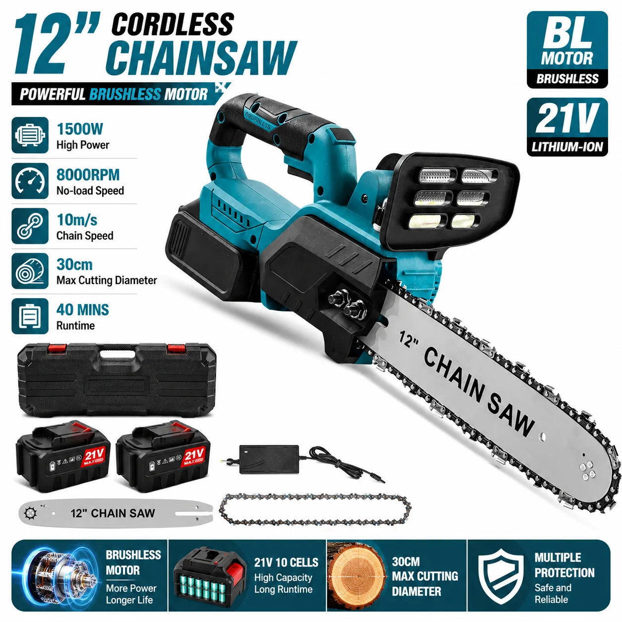 12-Zoll-Akku-Kettensäge mit bürstenlosem Motor für Makita 21V-Akku, 1500W Elektrokettensäge, 10m/s Kettengeschwindigkeit, tragbares Holzschneidwerkzeug
