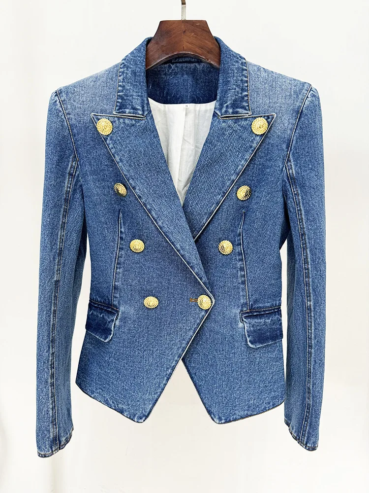 Modphy High Quality Women\'S Double Breasted Slim Fit Denim Blazer Long Sleeve Jean Jacket High Waisted Pencil Mini Skirt Set