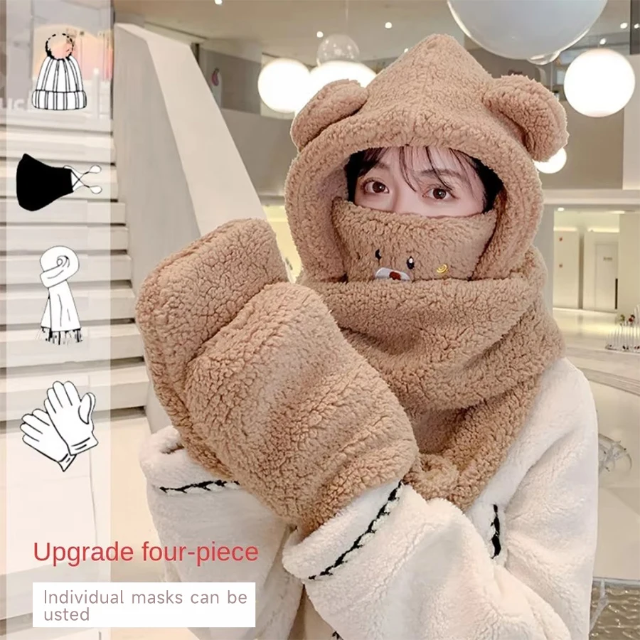 Thickened Lamb Plush Hoodie Hat Cute Bear Ear Hat Fashion Winter Warm Comforts Scarf Gloves Set Girl Kawaii Warm Casual Hat