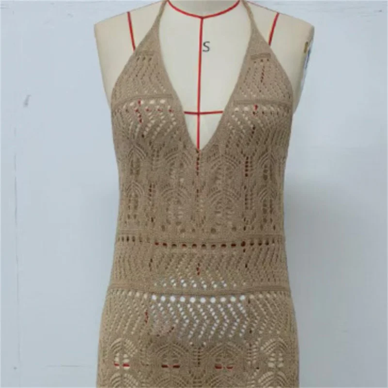 مثير الرسن عارية الذراعين الدانتيل يصل الجوف خارج فستان طويل متماسكة المرأة بيكيني للشاطئ التستر الكروشيه ملابس السباحة الإناث رداء #6