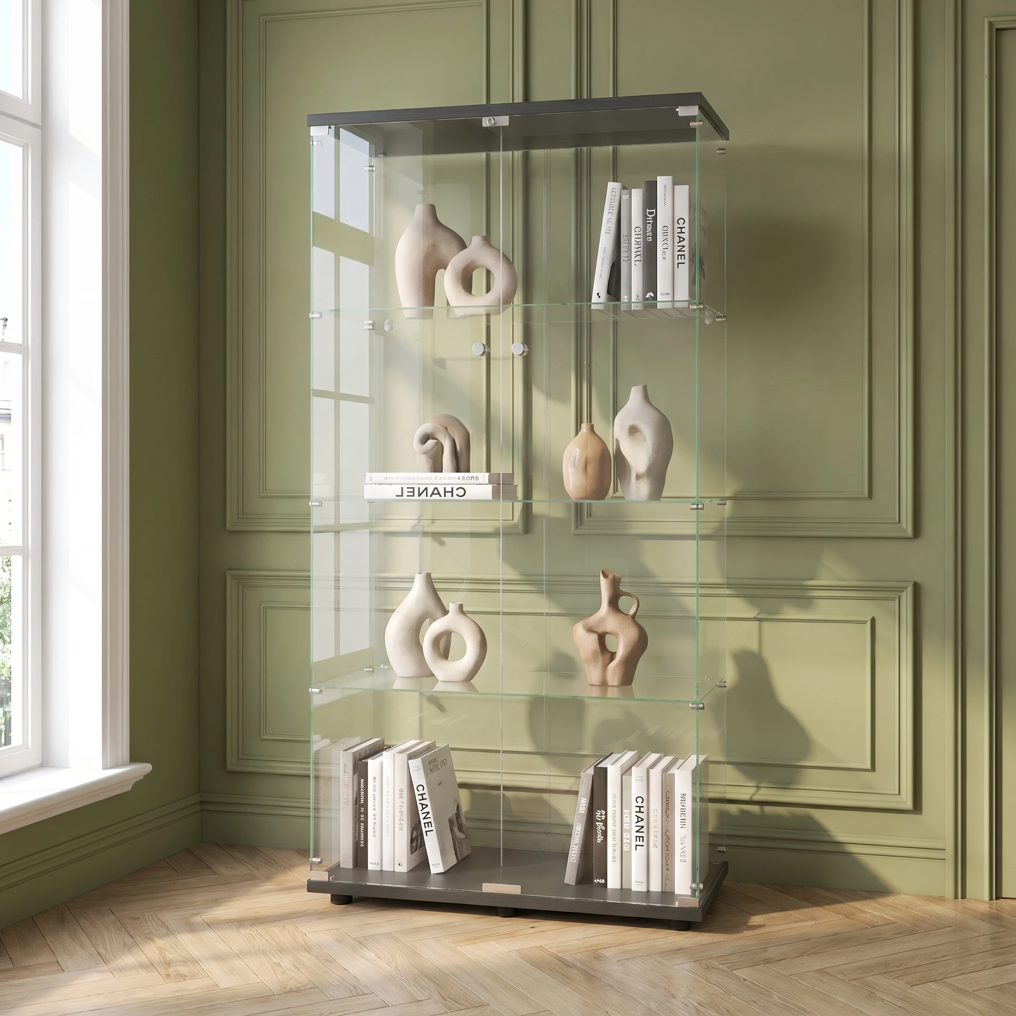 Vitrina de Vidrio Superaly con 4 Estantes, Puertas con Cerradura, Vitrina Alta para Coleccionables y Recuerdos