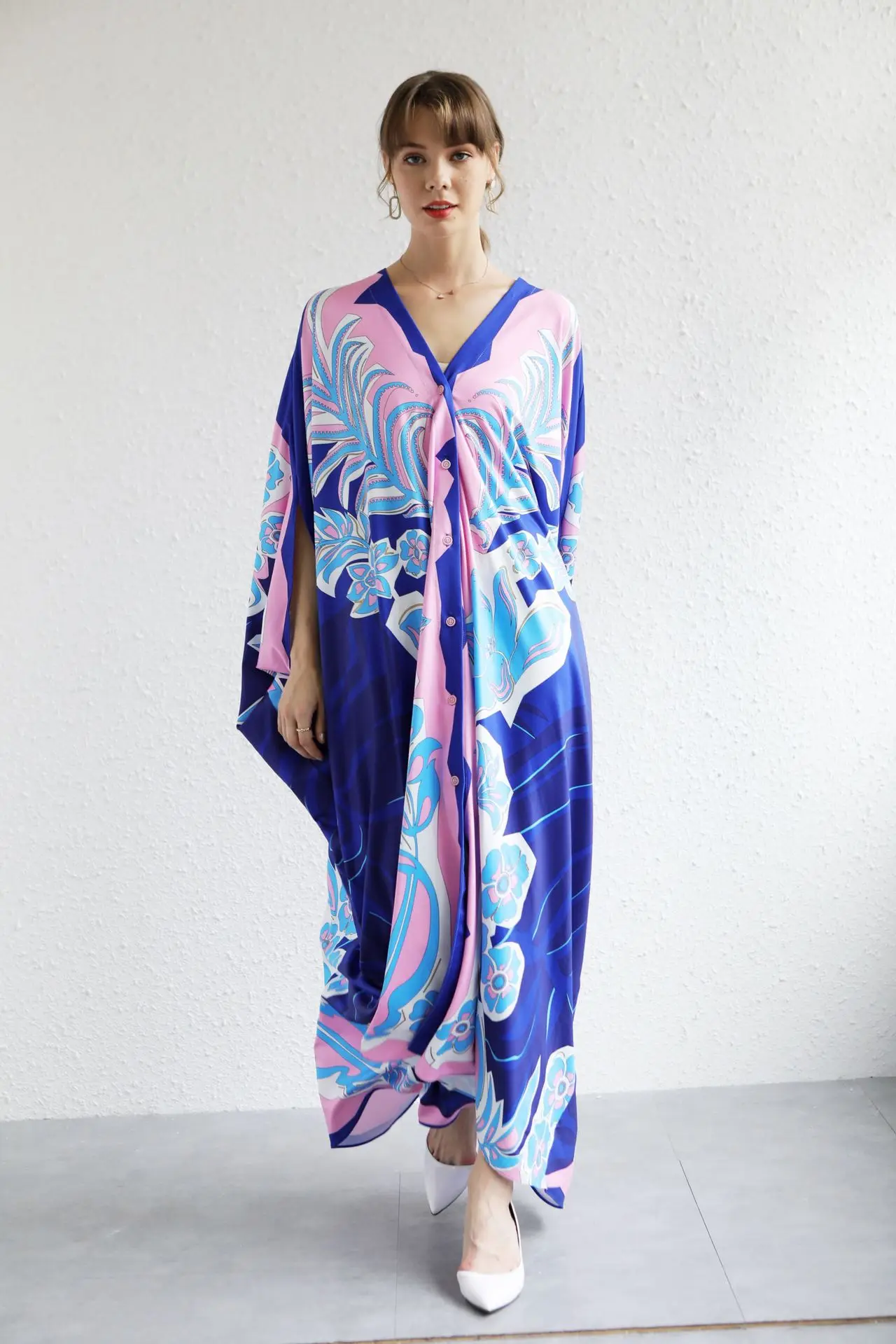 High Quality Luxury Designer Fashion Summer Women Print Jessy Silk  V-Nack Blue kaftan Caftan Oversize Long Maxi Dress 2024