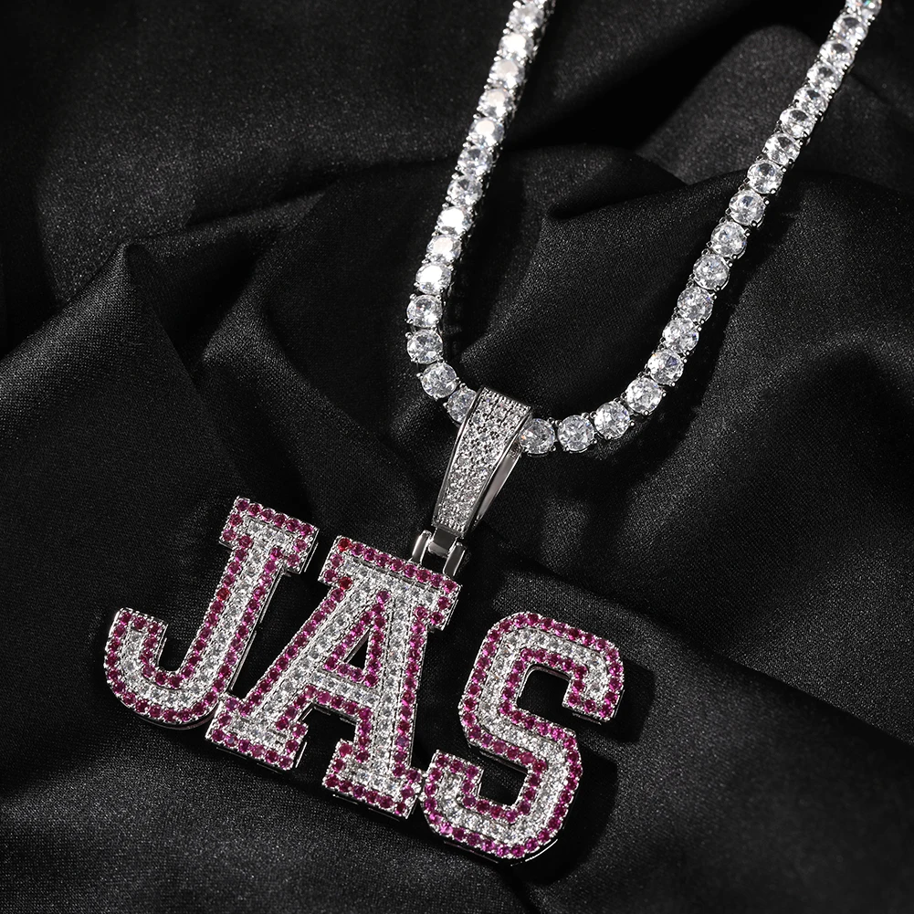 THE BLING KING Custom Name Iced Out 2 Lines Blue Red Green Cubic Zirconia Initial Letter Pendant Chain Necklace Hiphop Jewelry