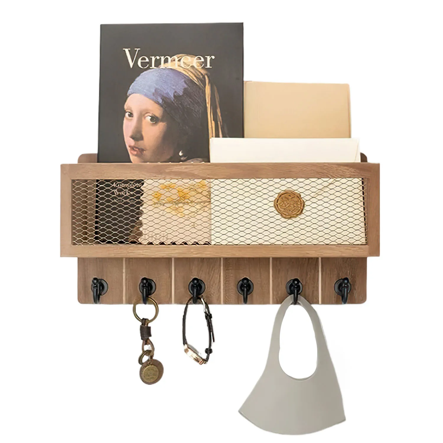 Portachiavi in legno con vassoio per lettere e 6 ganci – Mensola da parete con griglia metallica, 33x17x9 cm, finitura effetto legno vintage, ideale per corridoio, ingresso e cucina – Organizzatore da