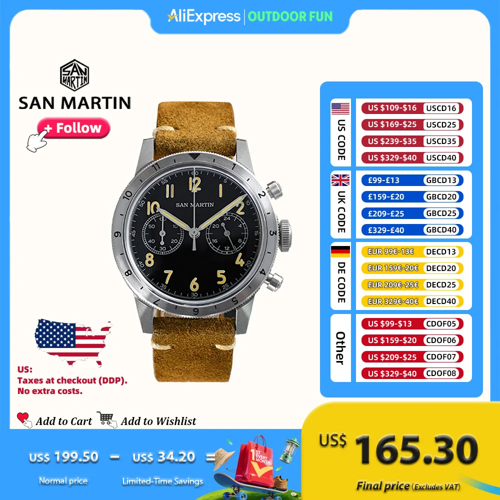 

San Martin 39,5 мм винтажные мужские часы в стиле милитари VK64 пилотный тип хронограф кварцевые стальные часы ретро светящиеся 10 бар SN0127