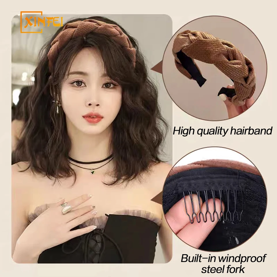 XINFEI Long Wavy Curly Headband Wig Clip on Hair Extension U-Shaped Hairpieces Synthetic Natural Fake Half Wig for Women