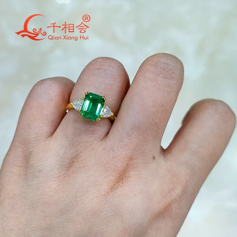 10k 14k 18k white yellow  7*9MM emerald green color emerald ring  with trillion moissanite for Wedding Engagement Party Gifts