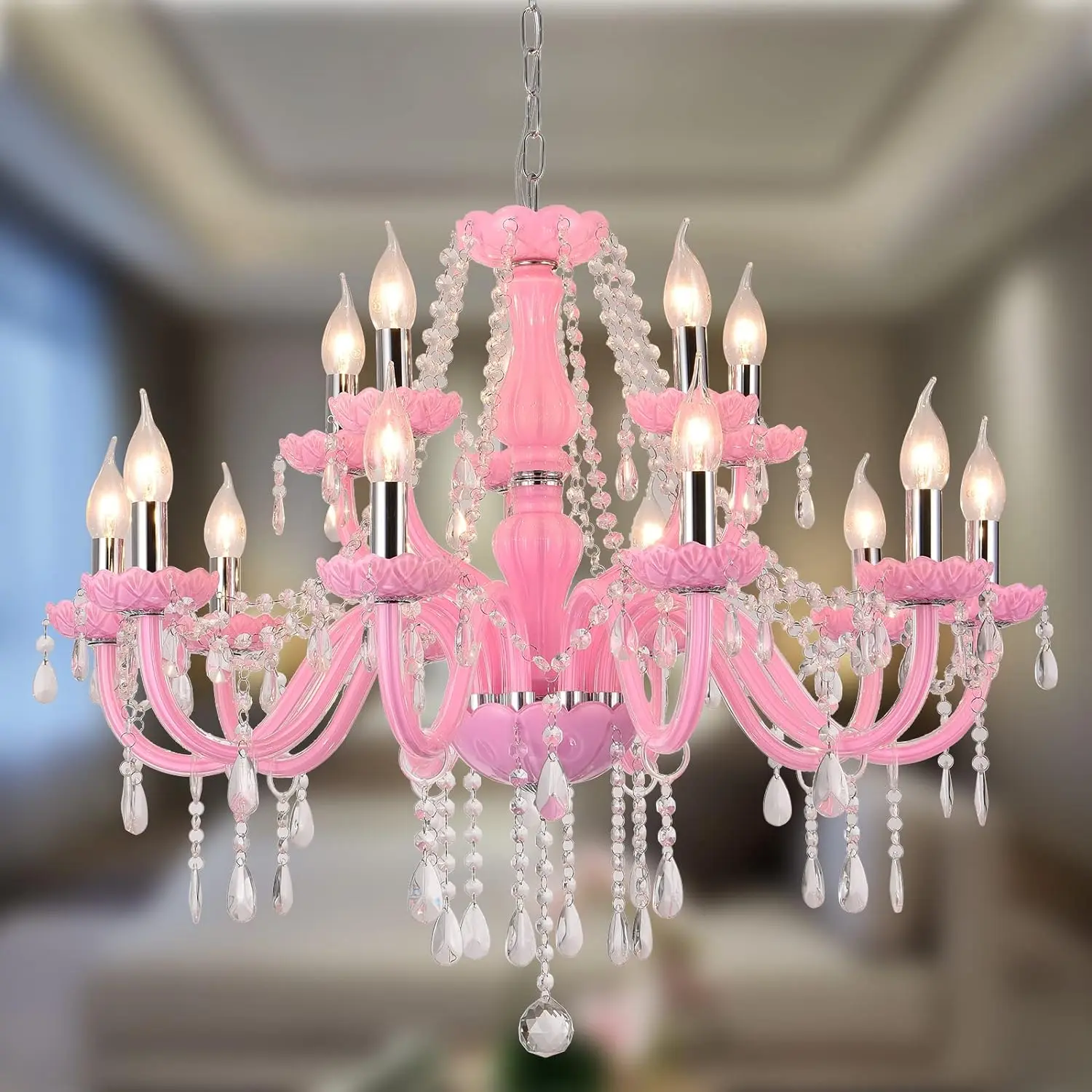 K9 Pink Crystal Chandelier, 15-Light Crystal for Chandelier Elegant Raindrop Light Fixture Style Luxurious Candle Chandelier