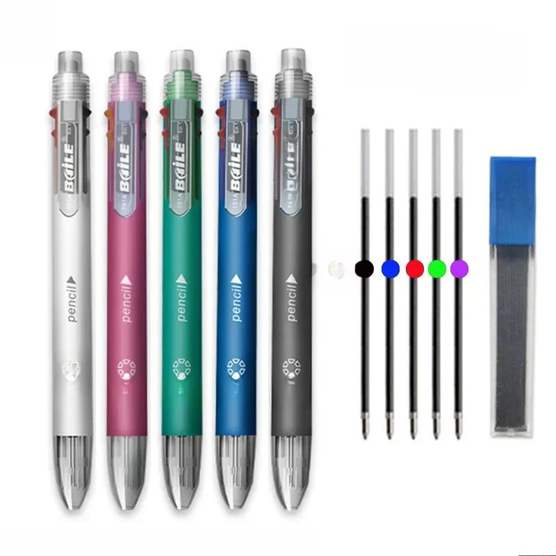 Stylo à bille multifonction 6 en 1, 5 couleurs, 0.5mm, crayon automatique, caoutchouc, fournitures scolaires et de bureau pour élèves