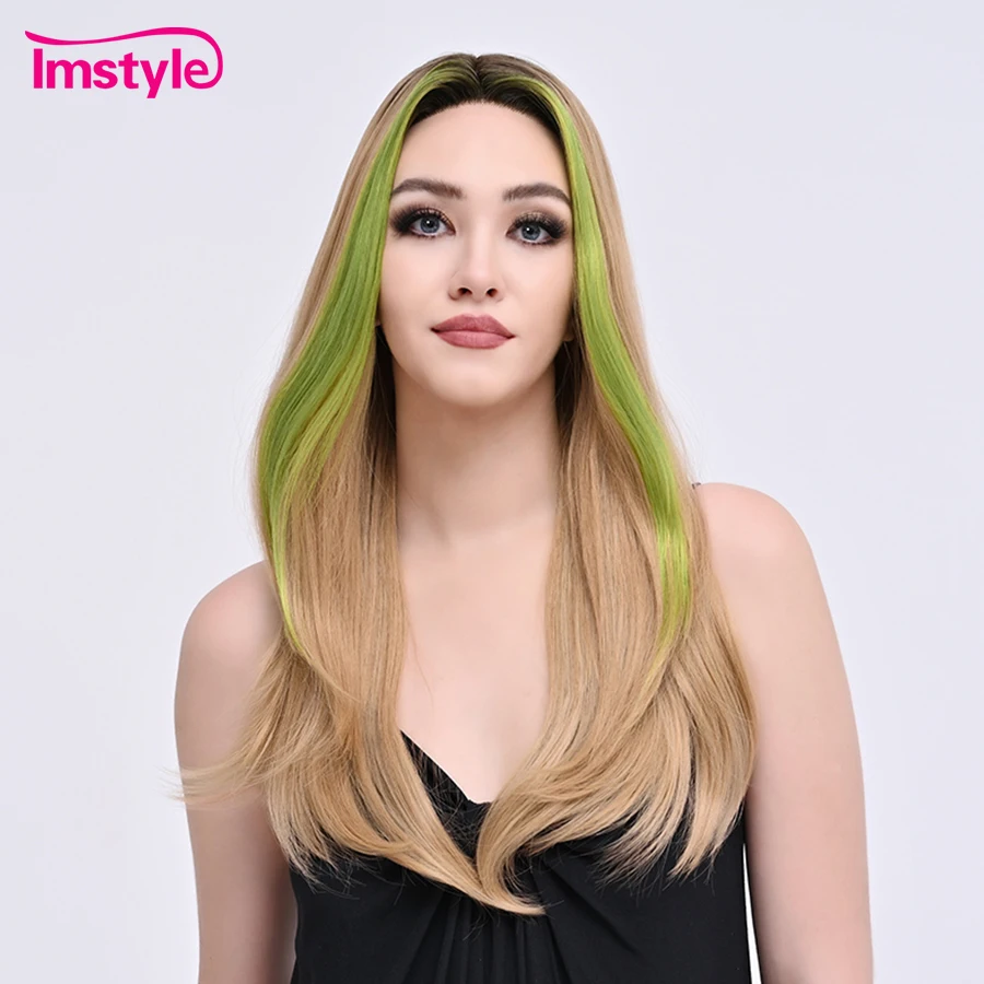 Imstyle Synthetische Kant Voorkant Pruik Blonde Pruik Highlight Groen Steil Haar Middendeel Pruik Hittebestendige Cosplay Pruiken Voor Vrouwen