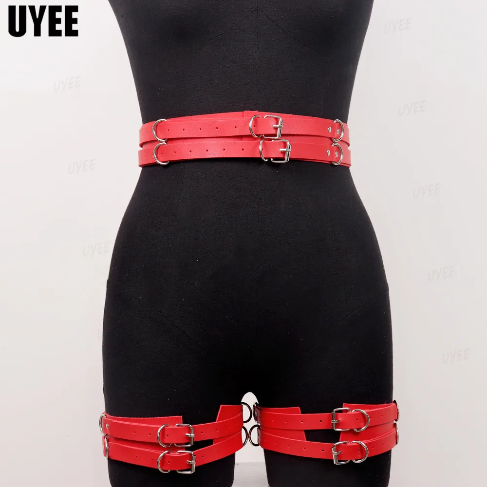 UYEE Women Garter PU Leather Harness Belt Body Bondage Corset Red Black Waist Thigh Band Leg Wraps Sexy Lingerie Gothic Cage New