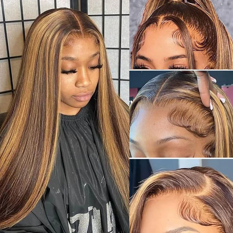 Highlight Straight 13x6 Lace Front Wigs Human Hair Pre Plucked Ombre 13x4 Lace Front Wigs 4/27 Honey Blonde 180 Density 30inch