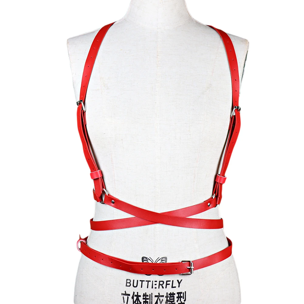 Sexy Lingerie Red PU Leather Women Harness Bra Set with handcuffs Bdsm Bondage Garters Sword Belt Gothic Suspenders