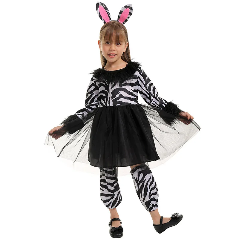 Costume da piccola Zebra per bambina abiti da animale festa con fascia per l'orecchio manica per gamba vestito da Tutu da ragazza Cosplay di Halloween