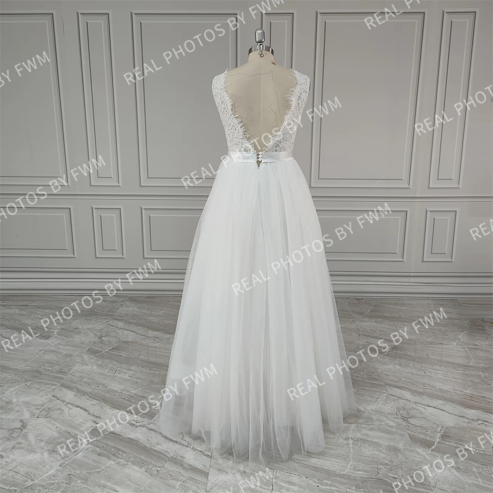 2021 v-ausschnitt Sleeveless Backless Bodenlangen Spitze A-Line robe de mariee Hochzeit Kleid vestido novia Robe De Soiree