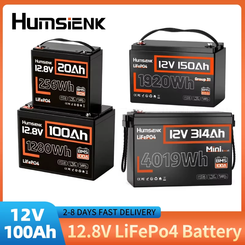 Humsienk 12V 20Ah 100Ah 150Ah 314Ah LiFePO4 Batterie, 12-Volt-Lithiumbatterie mit 100A BMS & Niedertemperaturschutz, bis zu 15000+ Deep Cycles für Wohnmobile, Reiseanhänger, Trolling-Motoren, Marine