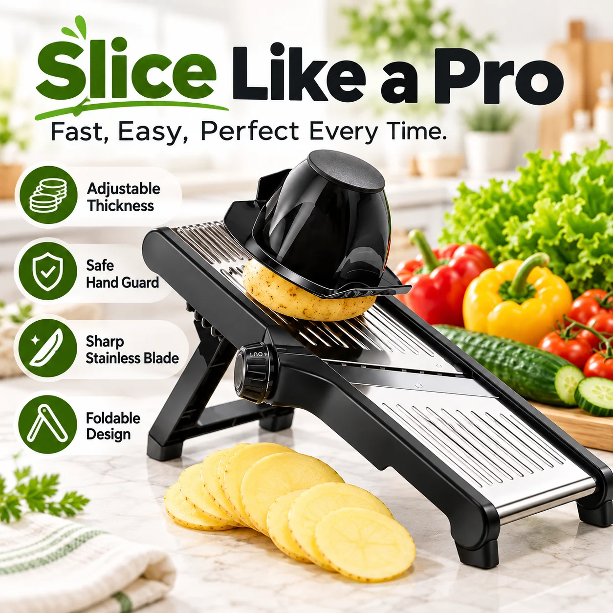 Adjustable Vegetable Slicer, Multifunctional Kitchen Food Slicer with Hand Guard, Stainless Steel Blade Vegetable Cutter and Grater, Mandoline Slicer, Cheese Grater, Vegetable Chopper, Kitchen Gadget