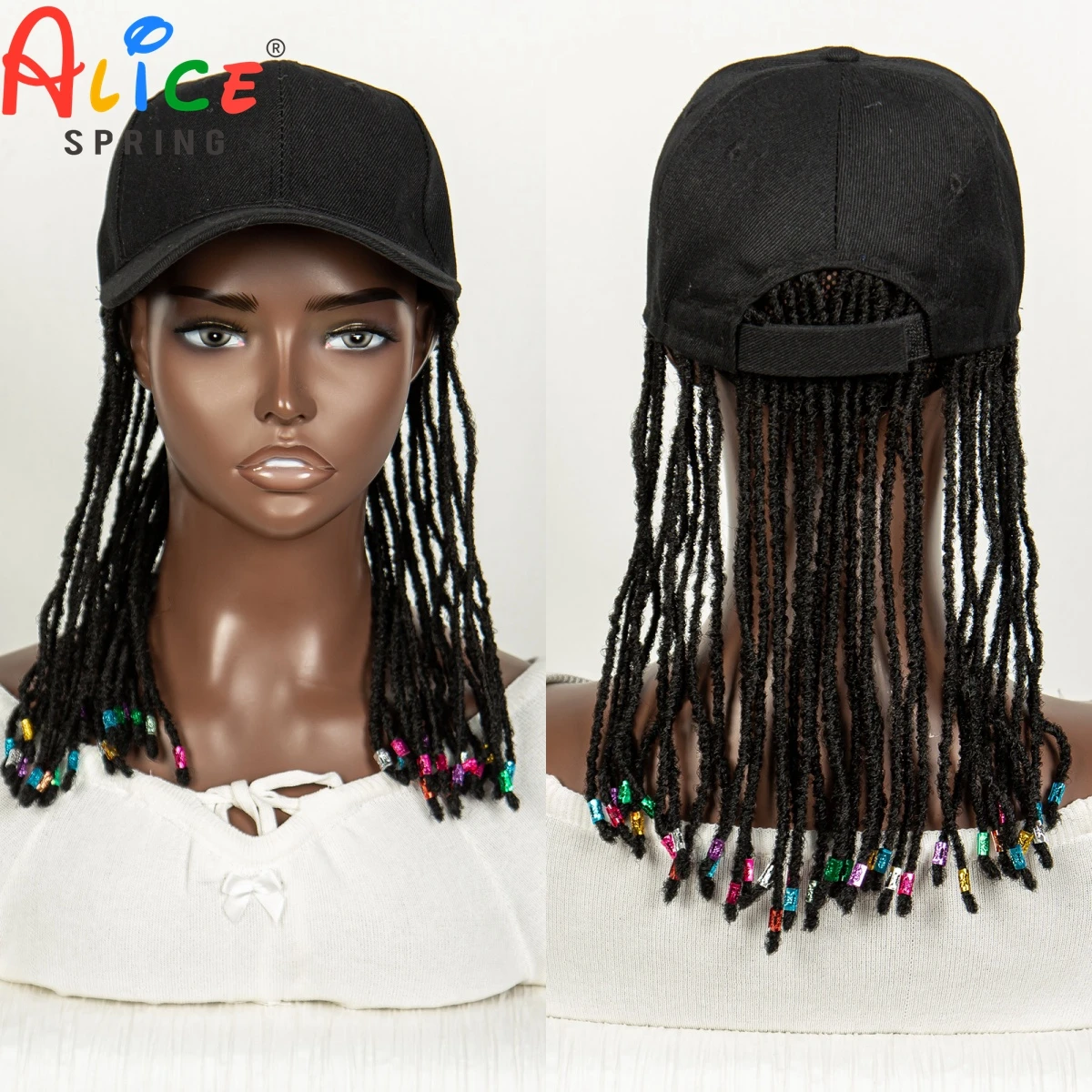 Short Braided Wigs Synthetic Baseball Cap Wig with Kontless Box Braids Wig for Black Women Adjustable Hat Wig with Colored Beads