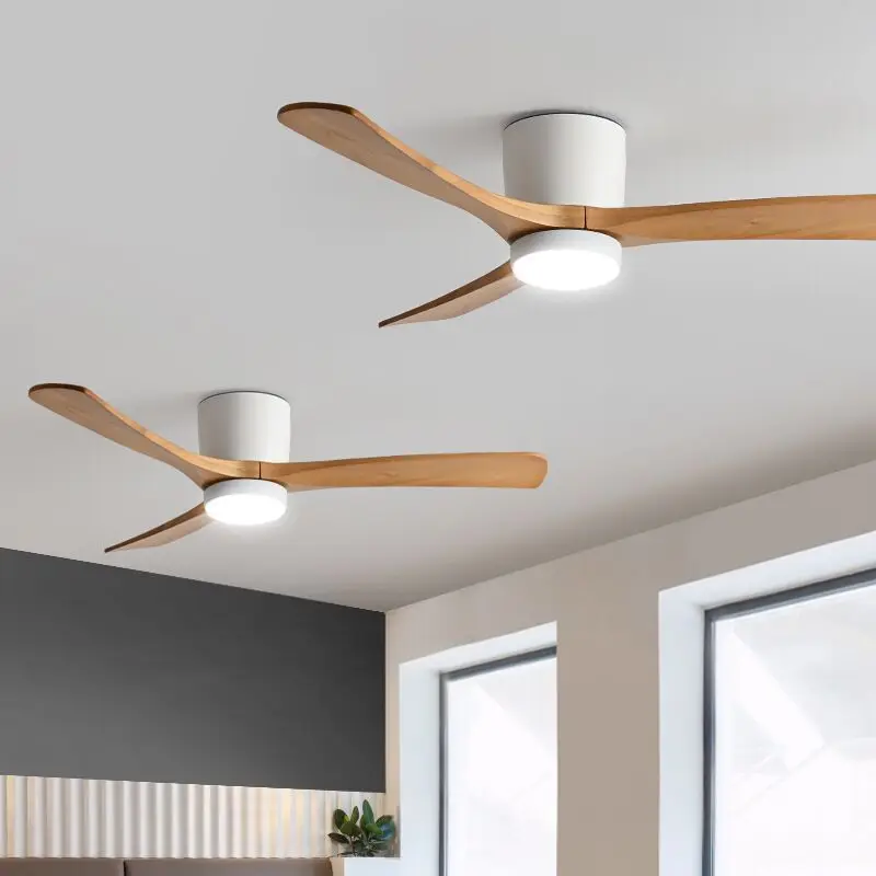 Low Floor Ceiling Fans 36 42 48 56 Inches Remote Control Fans Lamp Design Ceiling Fan With Light Wood+White DC Motor Led Fans