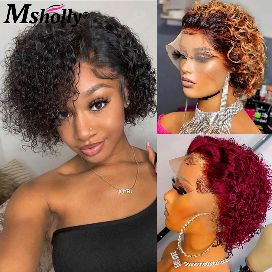 Pixie Cut Black Color Curly Human Hair Wig 99J Blonde Burgundy Natural Hairline Brazilian Remy Water Wave Curly Wigs For Women