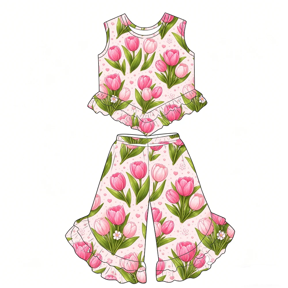 Boutique children's sets Sleeveless ruffled top paired with ruffled trousers girls set flower fruit cake cartoon print custom