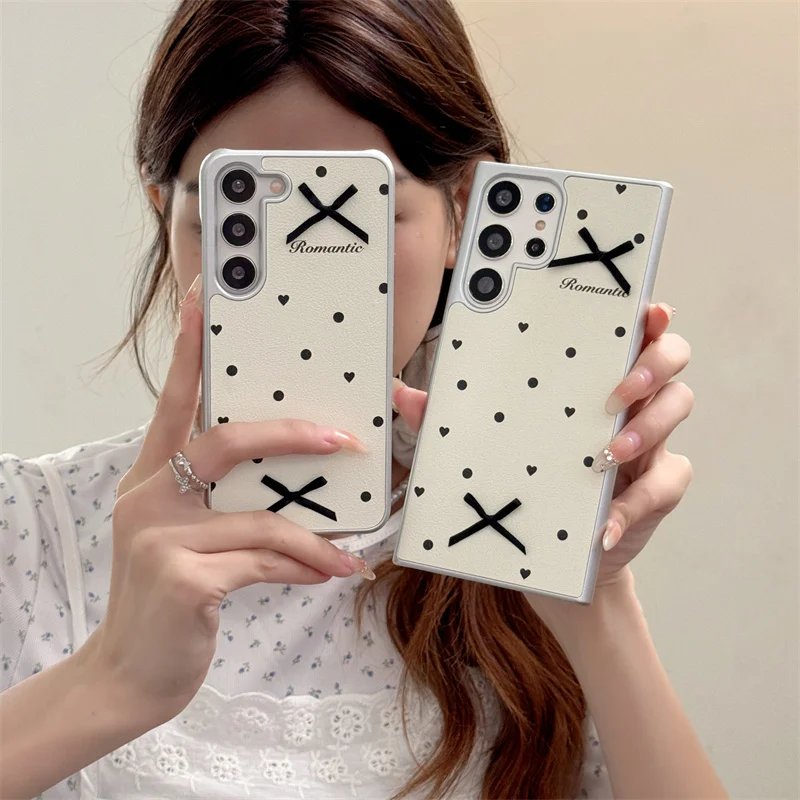 

Korean Black Silk Bow Polka Dot Love Case Samsung S22 S23 24Plus Galaxy S22 S23 S24 Electroplated Lamb Skin S22 S23 S24ultra