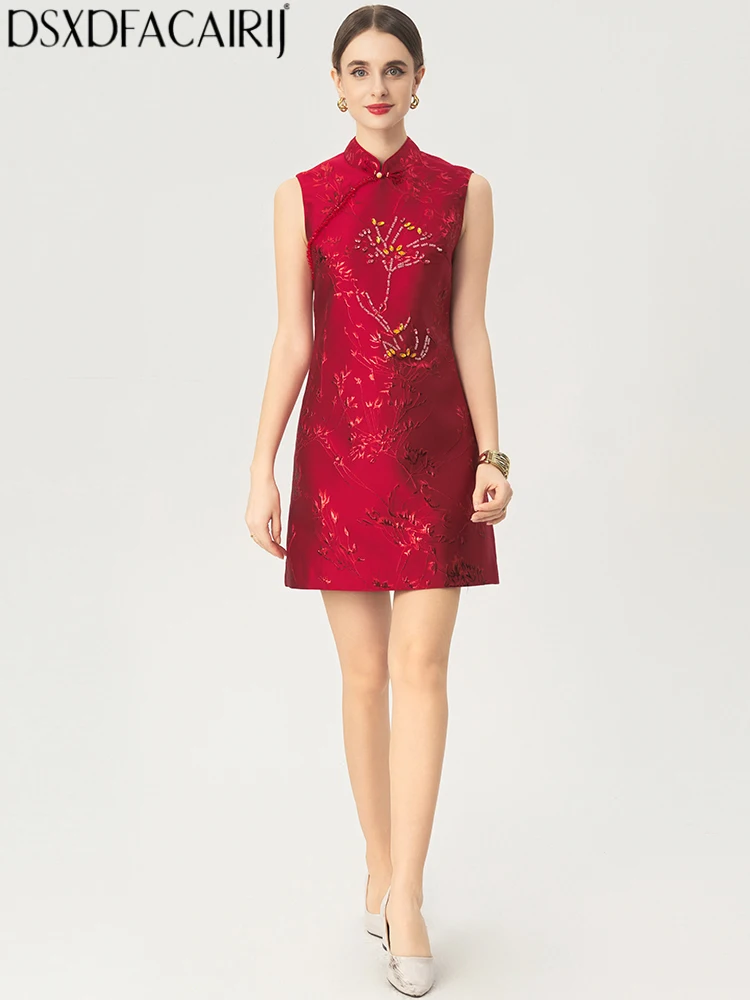 

DSFACAIRIJ Women's Stand Collar Sleeveless Beading Diamonds Jacquard Spring Summer hinese Style Mini Dresses