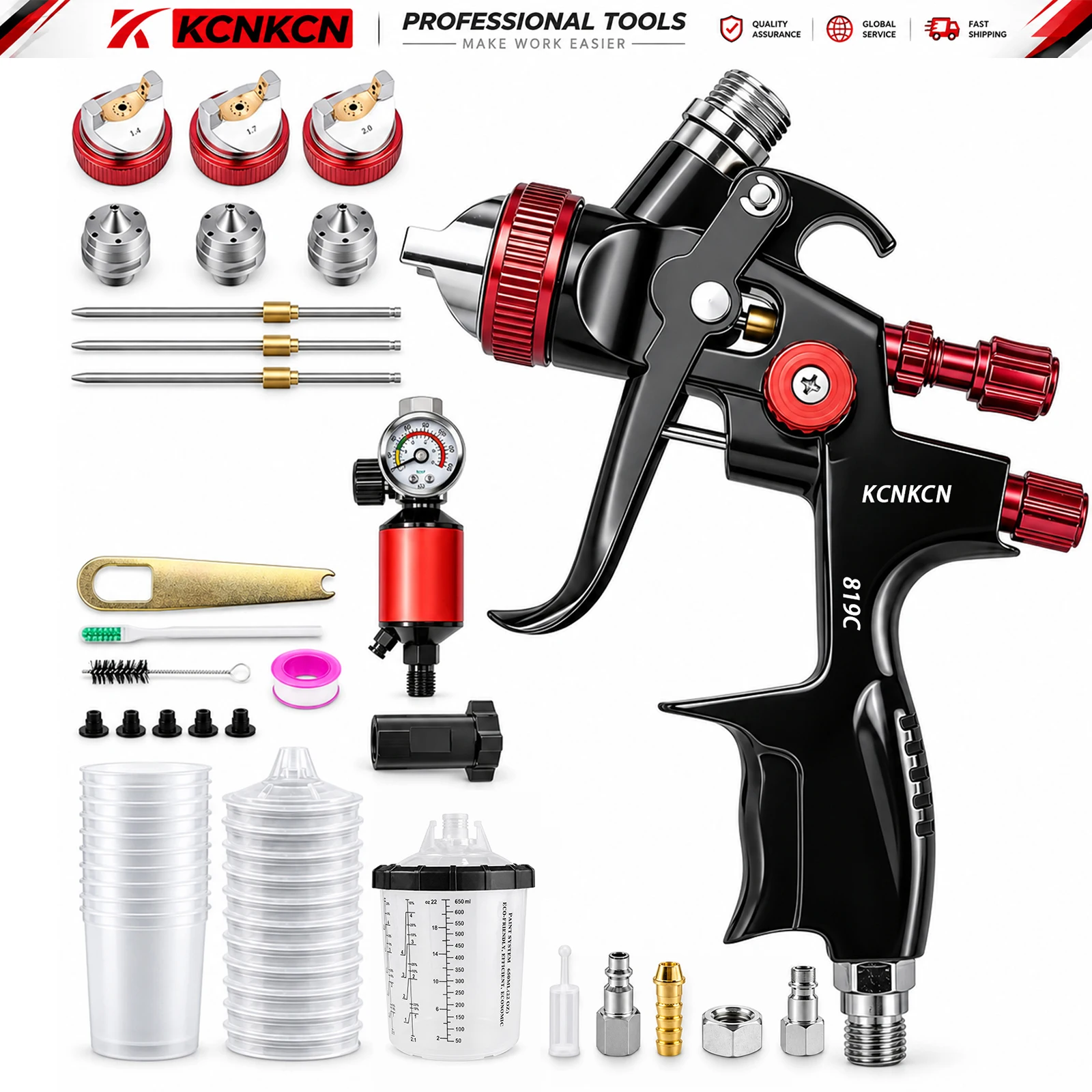 HVLP 819C Spray Guns Kit 1.4/1.7/2.0mm Nozzles 10 x 650ml Disposable Cups Airbrush Air Gauge Filter Car Automotive Furniture