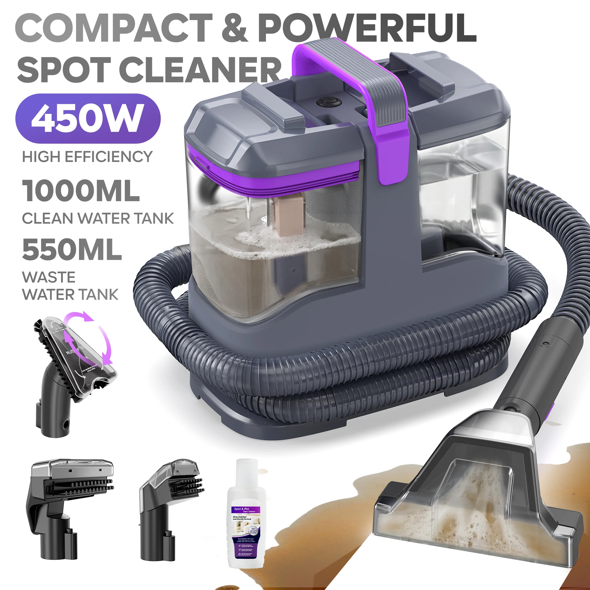 C9S Tapijtreiniger & Bankreiniger 13kPa, 450W Vlekkenreiniger voor Auto Interieur, Sproei-extractie Machine met 3 Borstels en Vloeistof