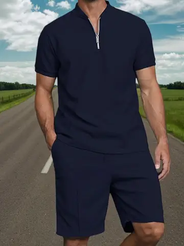 Herrkläder i två delar, casual, polotröja med kvarts dragkedja och shorts, sportig jogging-/sommarträningsoverall 10 best sales polotröja - №1