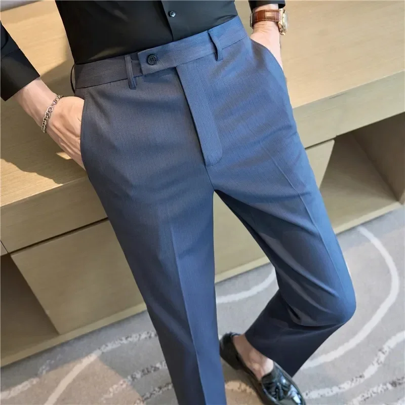 Pantalon slim imbibé à fines rayures pour hommes, style britannique, pantalon habillé simple, décontracté, haute qualité, fête de mariage sociale, fjl