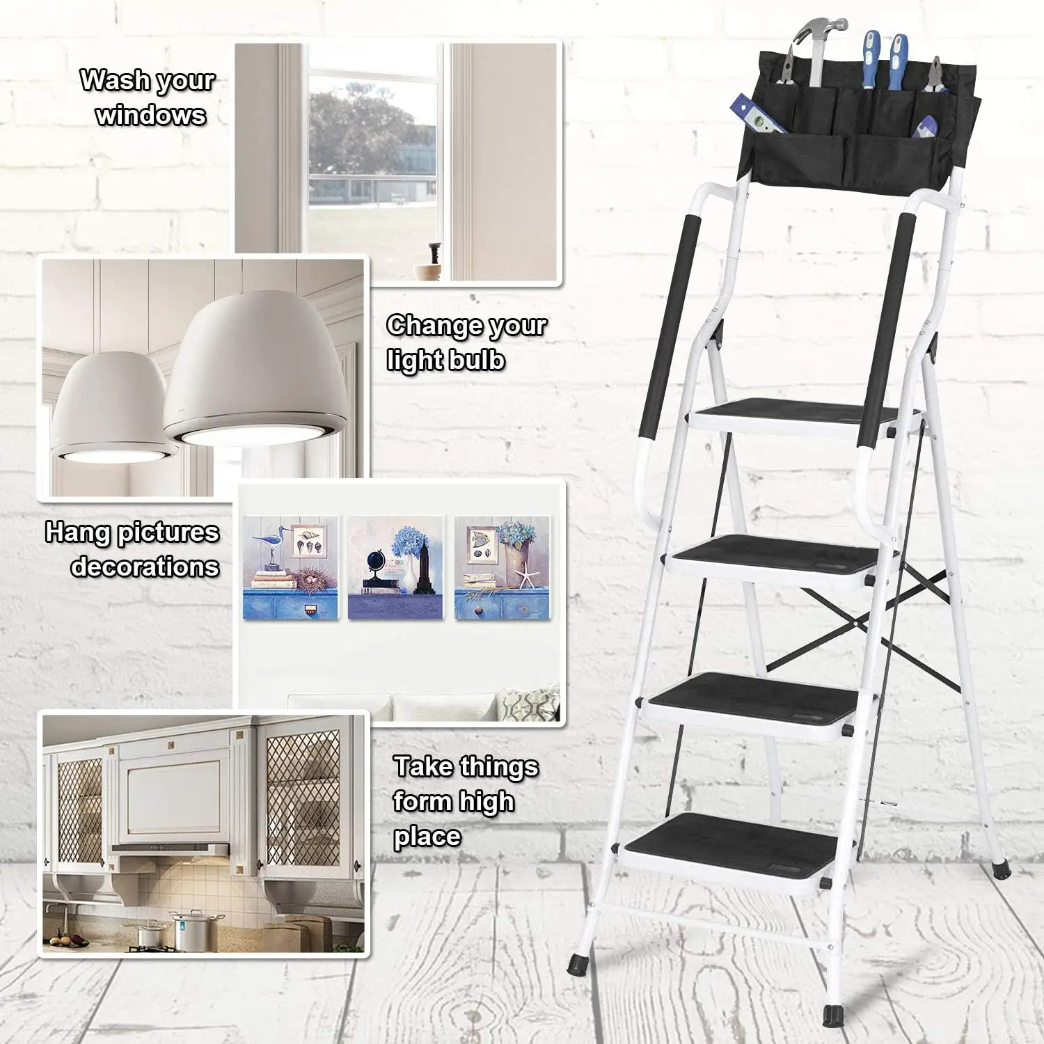 Step Ladder 4 Step with Handrails 500 lb Capacity Step Stool Folding Portable Ladders for Home Kitchen Steel Frame