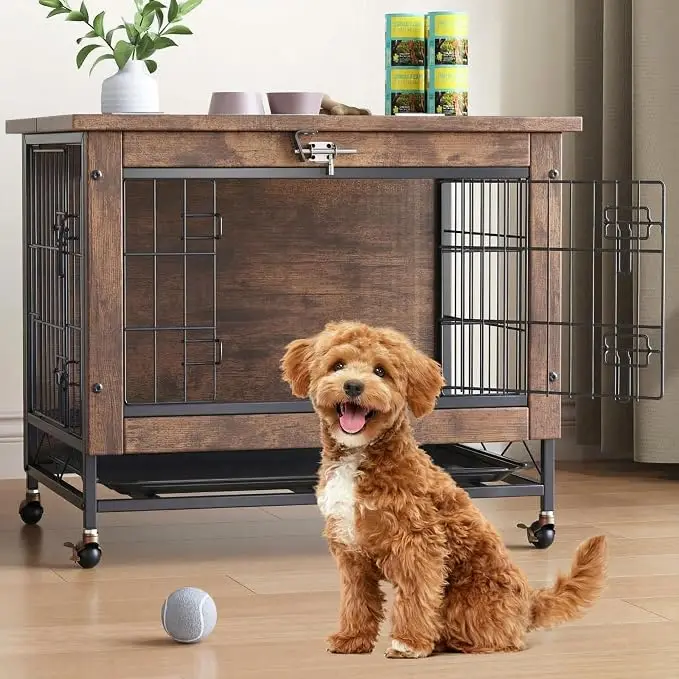 Meuble-cage robuste en bois pour chien avec 2 portes et roulettes - Cage pour chien d'intérieur résistante aux morsures et table d'appoint - Plateau amovible - Parfait pour le salon