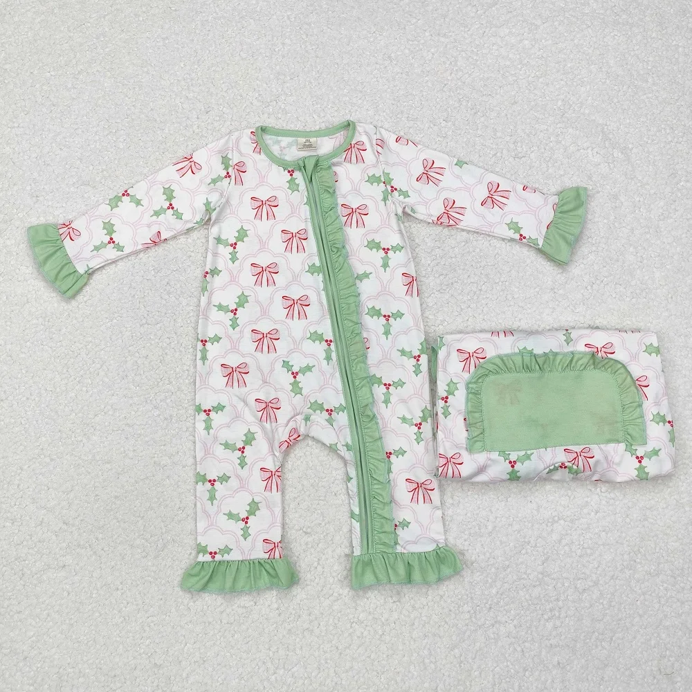 New Fashion Bamboo Baby Girls Pink Bow Pattern Leaves Green Lace White Zipper Long Sleeve Jumpsuit Wholesale Boutique Kid Romper