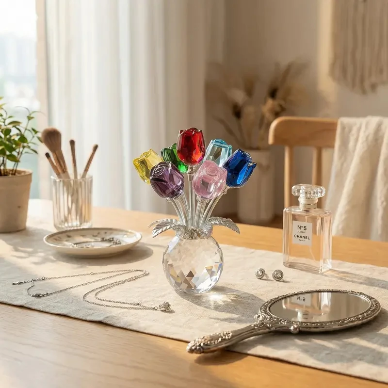 Bunte Kristallrosen-Blumenfigur mit Vase – Handgefertigter K9-Kristallstrauß als Schreibtischdekoration und Geschenk für Frauen zum Vatertag – Detail 1