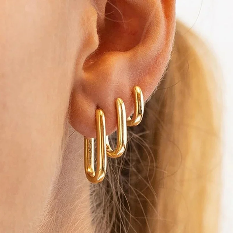 2 STUKS Nieuwe Goud Kleur Vierkante Hoepel Oorbellen Vrouwen Mannen Rvs Huggie Minimalistische Punk Unisex Rock Oorbellen Piercing Sieraden - afbeelding 2