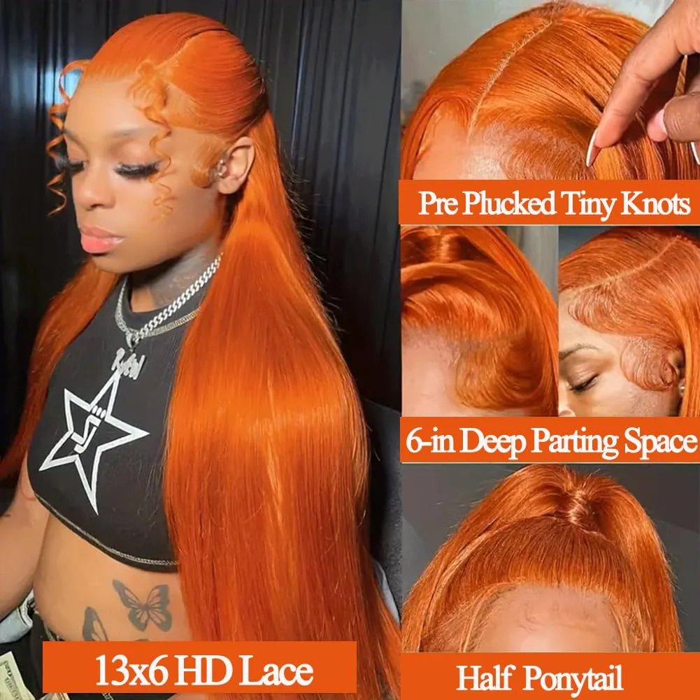 30 40 Inch Orange Ginger 13x6 HD Lace Frontal Wig Human Hair Bone Straight 13x4 Transparent Lace Frontal Color Wigs 150 Density