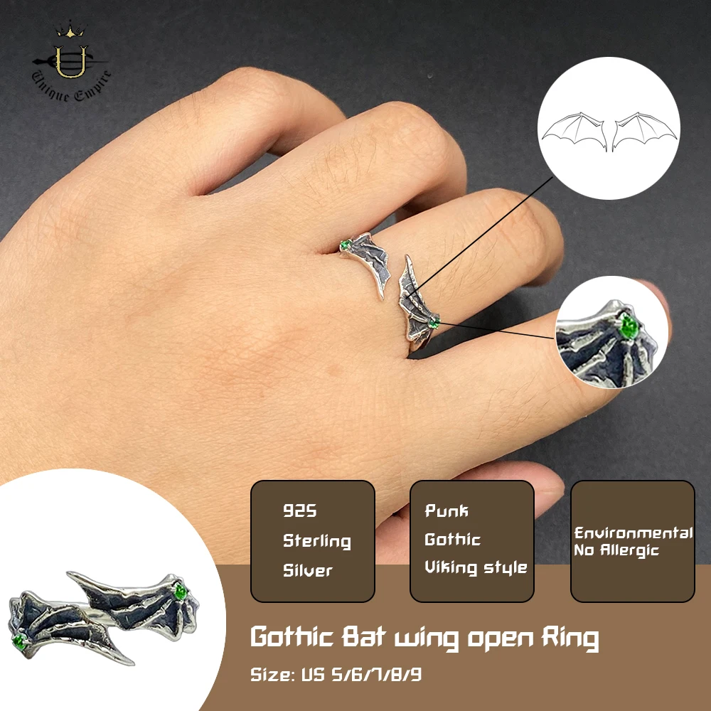 925 Sterling Silver Bat Wing Ring Round Cut Green Zircon Band Halloween Anniversary Party Gift For Men And Women Fashion  Jewelr