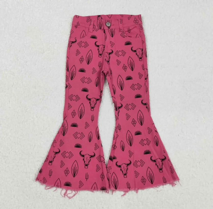 

P0159 Новое поступление, ярко-розовые джинсовые джинсы с расклешенным низом в стиле коровы, брюки с рюшами в стиле вестерн для маленьких девочек