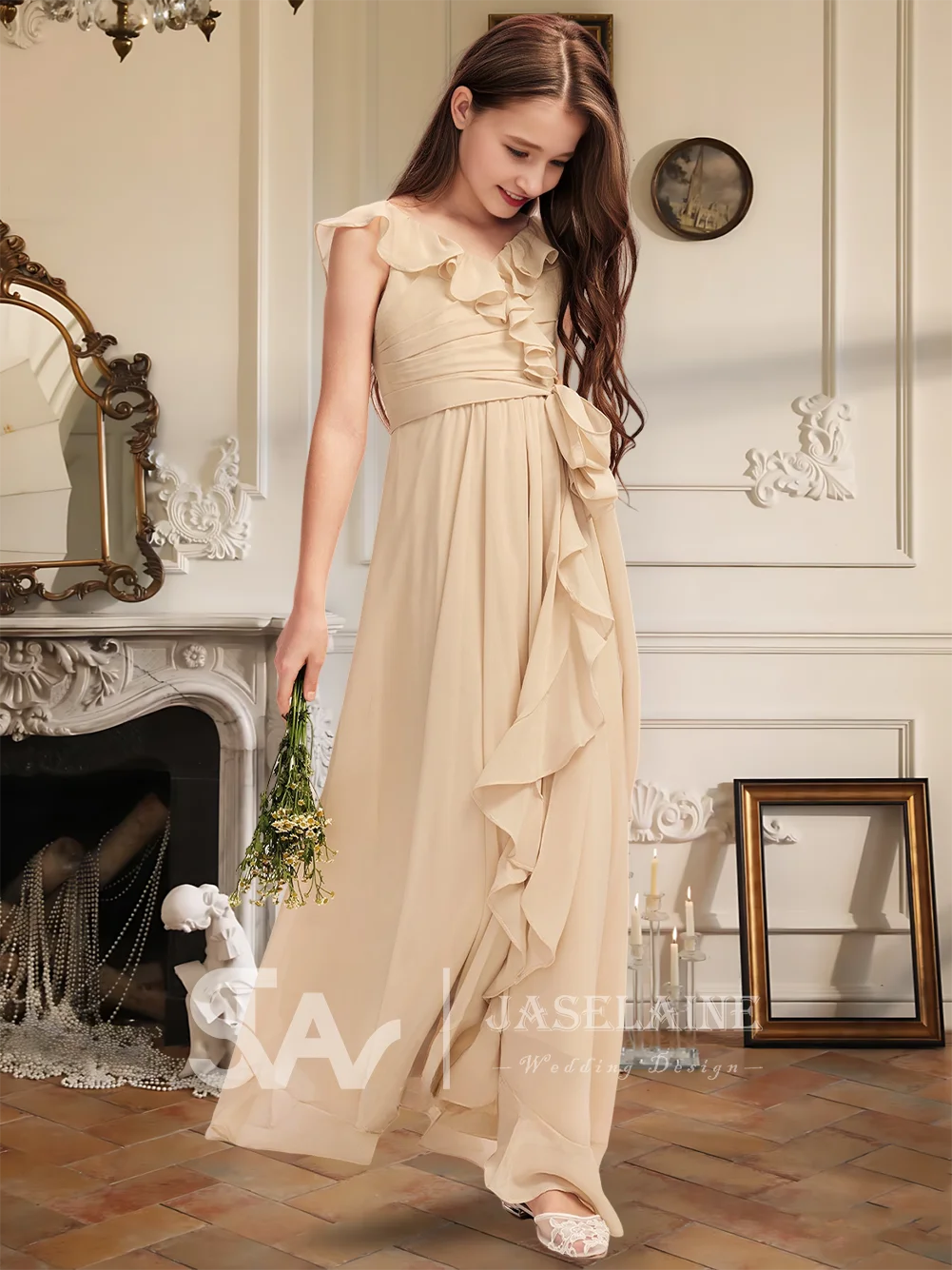 Элегантное асимметричное шифоновое платье трапециевидной формы с v-образным вырезом для подружек невесты, каскадное платье с оборками для девочек с цветочным узором, праздничное свадебное платье для девочек