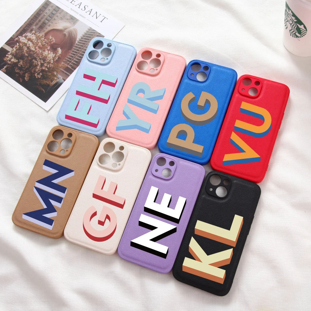 Custom Letter Case for iPhone 15 Pro Max 14 13 12 Mini 11 Luxury Leather Phone Case for iPhone X XS XR 7 8 Plus Back Cover