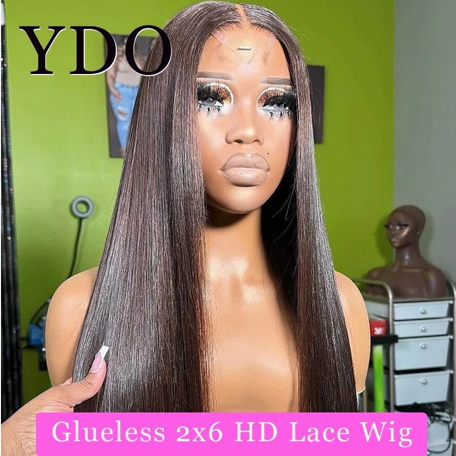 Dark Brown Glueless 2x6 HD Lace Closure Wig Chocolate Brown Colored Siky Straight Glueless Human Hair Ready To Wear Pre Plucked