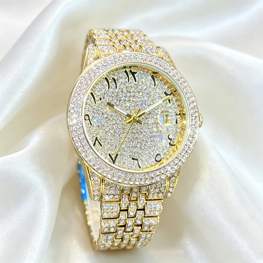 Missfox Luxury Full Diamond Men Quartz Watch GoldBracelet Big Face Arabic Numeral Dial Date Calendar Bling Iced Out Crystal Hip Hop Rapper Business Dress Waterproof Male Wrist Watch Holiday Gift For Men Husband Boyfriend