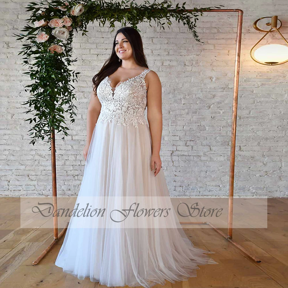 Vestido De novia Sexy con cuello en V para novia, Vestido De novia sin mangas con Espalda descubierta, Apliques De encaje, línea A, tren De barrido, talla grande