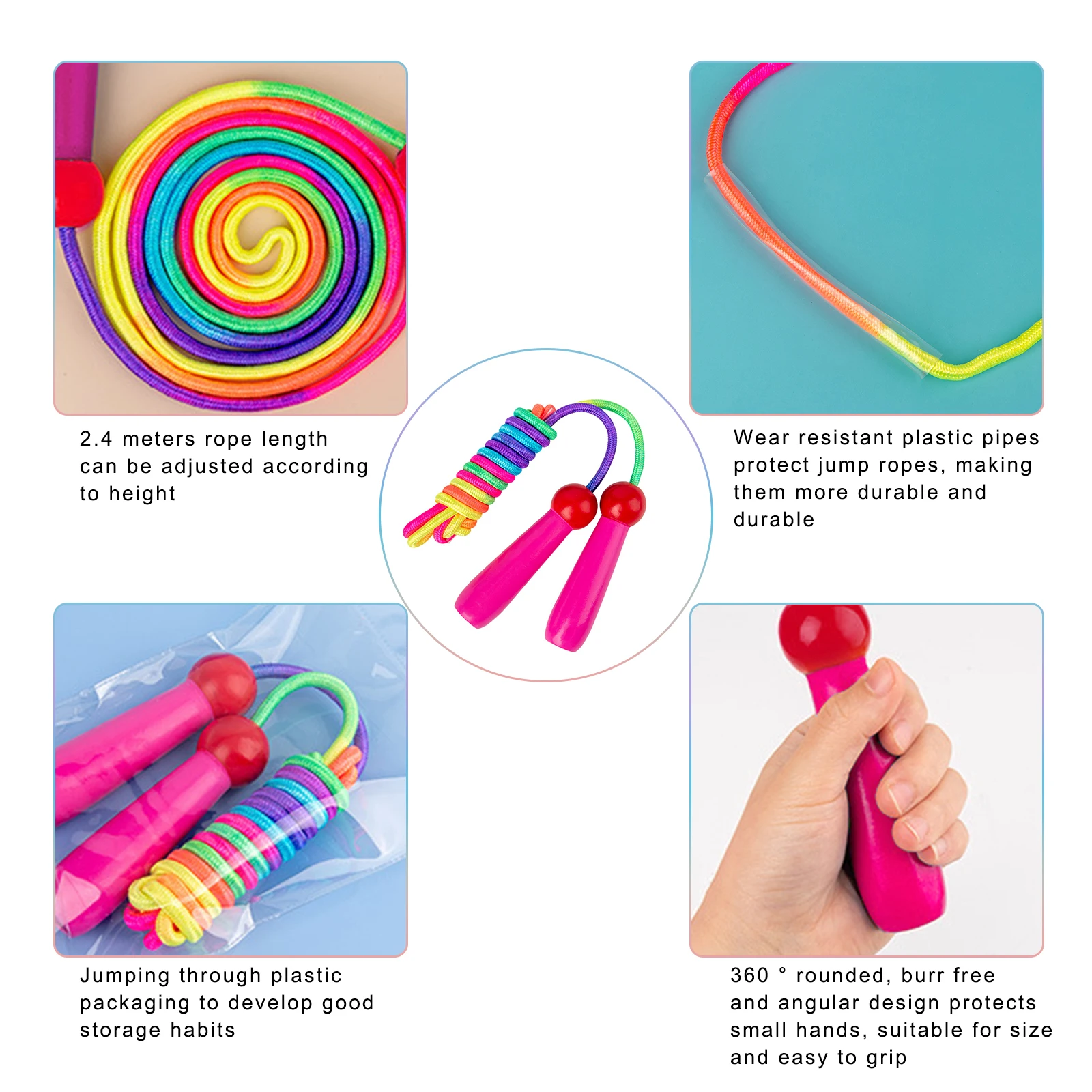 Rainbow Skipping Rope Kids, Adjustable Skipping Ropes for Children,Wooden Handle Skipping Rope for Girls/Boys Exercise Jump Rope