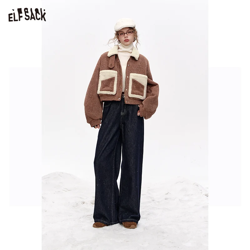 ELFSACK 2024 Nuovi arrivi invernali Cappotto corto vintage in finta peluche marrone con cuciture a contrasto