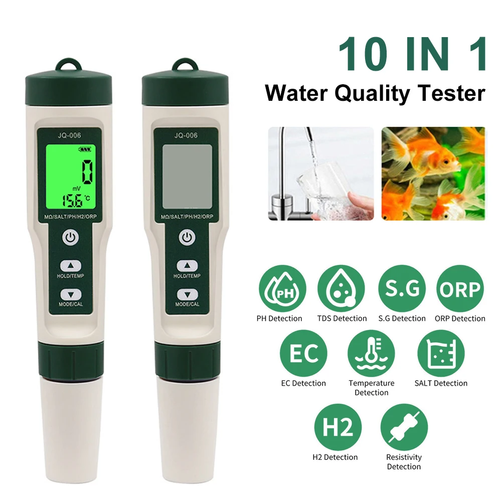 10 in 1 Water Quality Tester PH/TDS/SALT/SG/ORP/EC/Hydrogen/Resistivity/TEMP/Nutrient Multifunction Testing Pen for Pool Aquariu