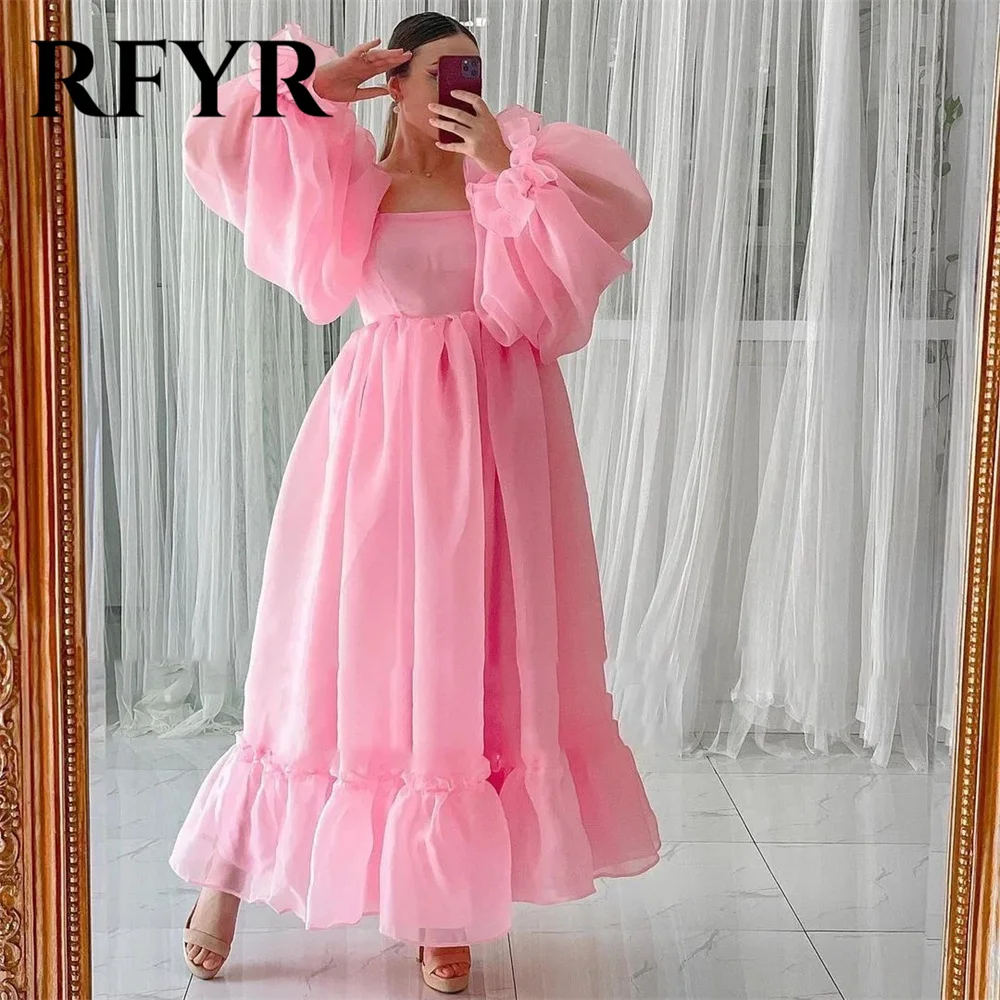 

RFYR Pink Tulle Evening Dresses Puffy Sleeves Charming Prom Dress Ankle-Length Party Dress with Full Sleeves vestidos de noche