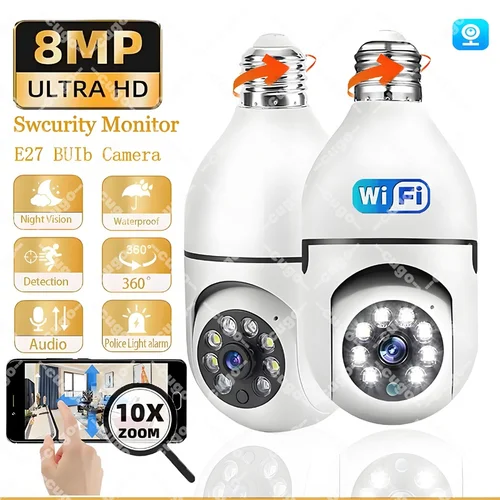 Cámara IP Wifi de 8MP, vigilancia inalámbrica, bombilla E27, seguimiento automático, visión nocturna en Color, Zoom 10X, detección humanoide AI, Monitor de bebé